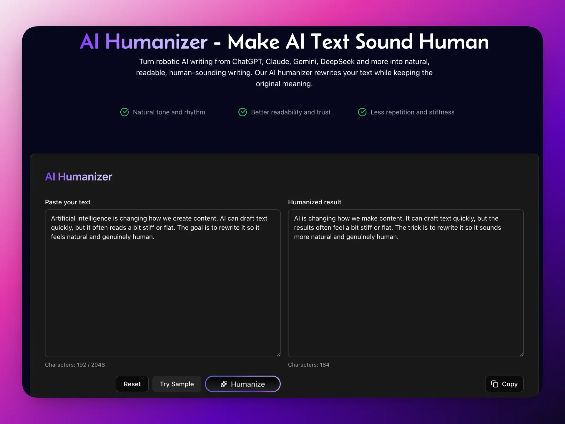 Side Space AI Humanizer tool interface