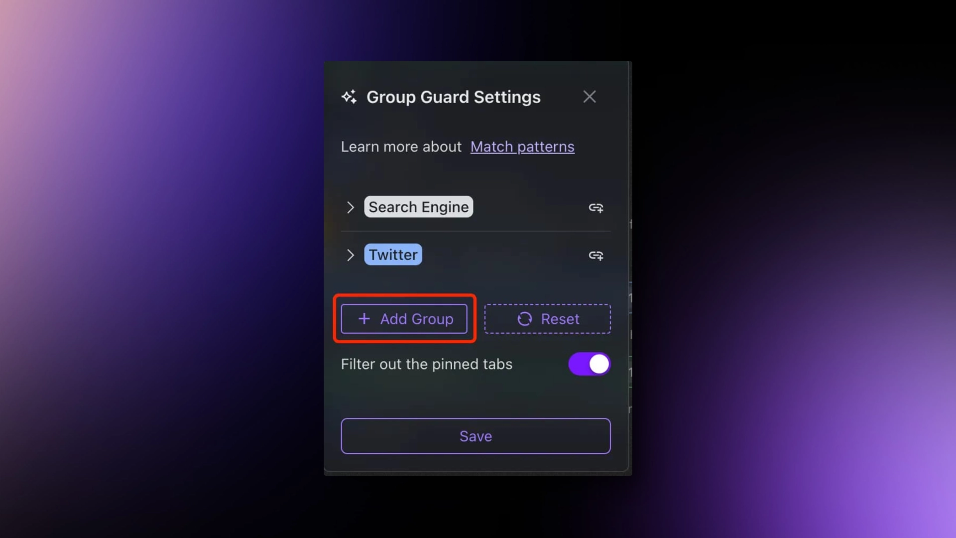 Click "Add Group" to create a custom category.