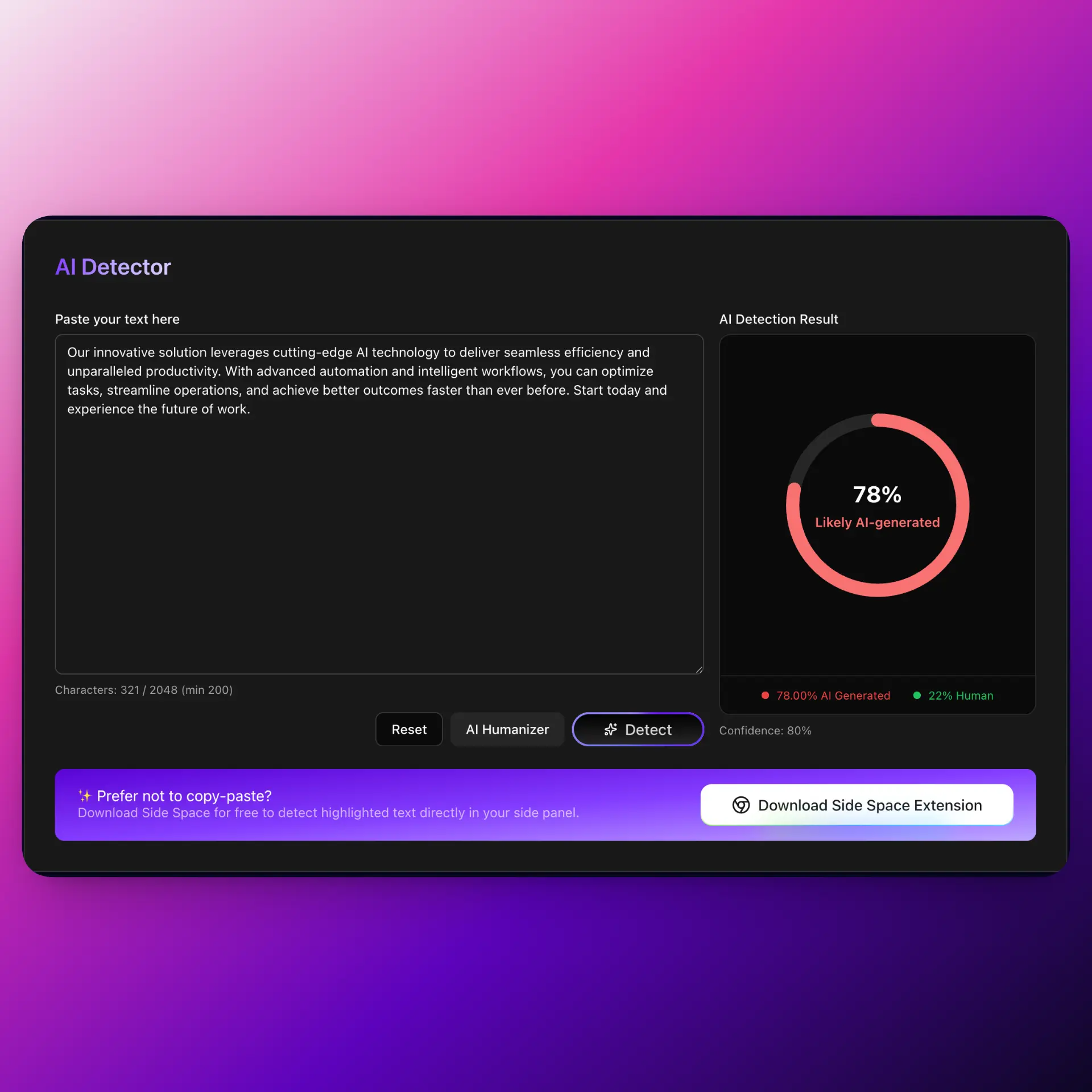 AI Detector analyzing a marketing paragraph and returning a high AI-likelihood score