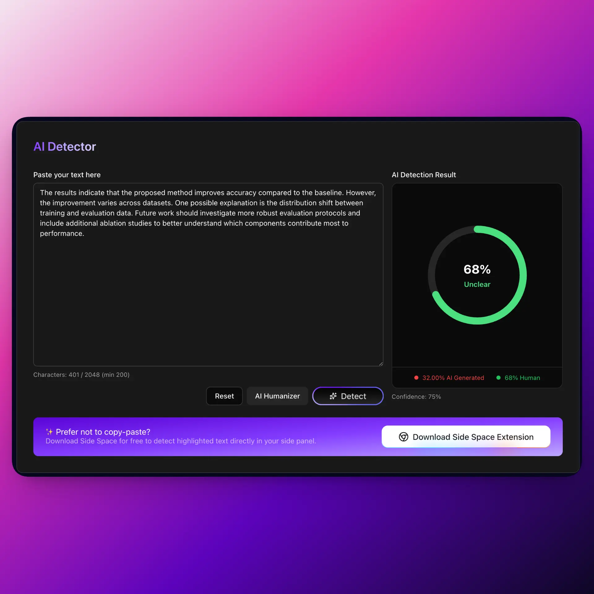 AI Detector showing detailed signal breakdown and suggested fixes for flagged text